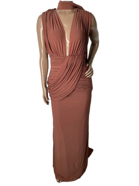 Deme Womens Maxi Dress Mocha Brown Size S Aurelia Pleated Draped Bodycon Nylon